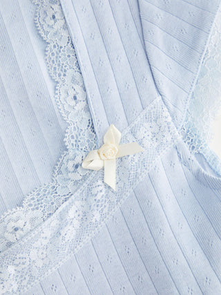 Knit Fabric Cotton-blend Pointelle Square Neck Short Sleeve Lace Trim Bowknot Tee For Daily Casual Date