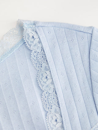 Knit Fabric Cotton-blend Pointelle Square Neck Short Sleeve Lace Trim Bowknot Tee For Daily Casual Date