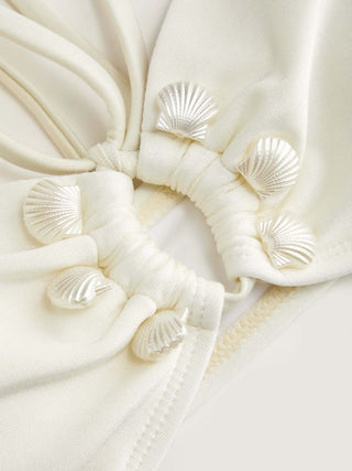 Halter Neckline Shell Detail Ruched Tie Front Bandeau Low Rise Bikini Set
