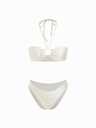 Halter Neckline Shell Detail Ruched Tie Front Bandeau Low Rise Bikini Set