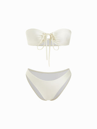Halter Neckline Shell Detail Ruched Tie Front Bandeau Low Rise Bikini Set
