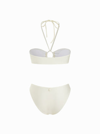 Halter Neckline Shell Detail Ruched Tie Front Bandeau Low Rise Bikini Set