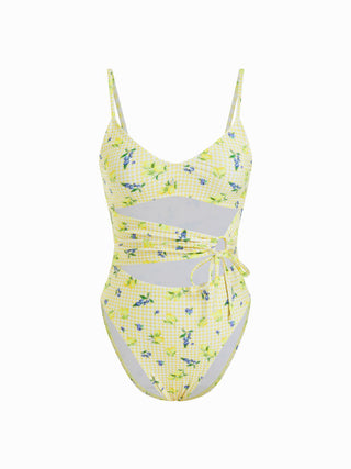 Sweetheart Gingham & Fruit Graphic Cut Out One Piece Swimsuit