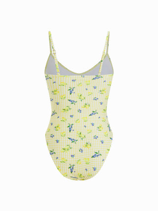 Sweetheart Gingham & Fruit Graphic Cut Out One Piece Swimsuit