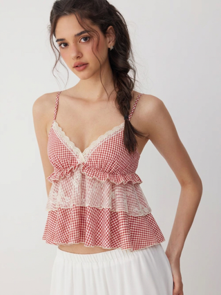 Gingham Sweetheart Lace Panel Ruffle Cami Top