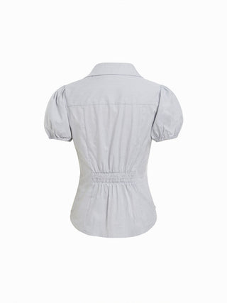 Cotton-blend Gingham Ruched Puff Sleeve Blouse