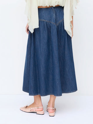 Denim Washed Denim Mid Rise Ruched A-line Maxi Skirt For Daily Casual Vacation