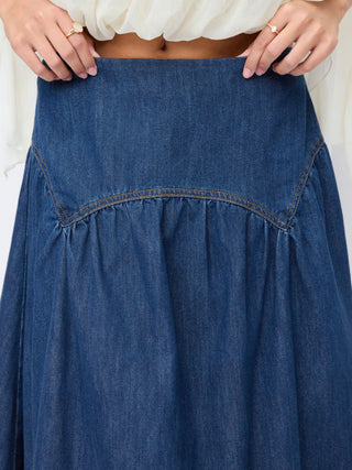 Denim Washed Denim Mid Rise Ruched A-line Maxi Skirt For Daily Casual Vacation