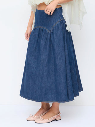 Denim Washed Denim Mid Rise Ruched A-line Maxi Skirt For Daily Casual Vacation