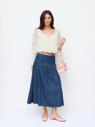 Denim Washed Denim Mid Rise Ruched A-line Maxi Skirt For Daily Casual Vacation