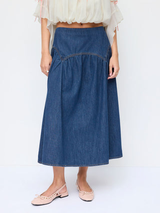 Denim Washed Denim Mid Rise Ruched A-line Maxi Skirt For Daily Casual Vacation