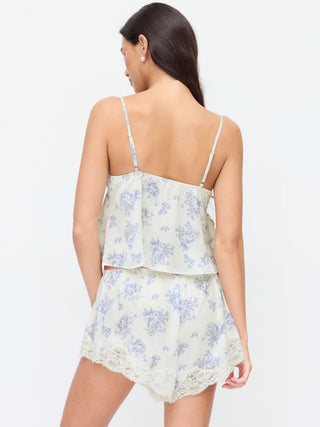 Satin Satin Floral Lace Trim Cami Top & Mid Rise Shorts Loungewear Set For Home Bedroom
