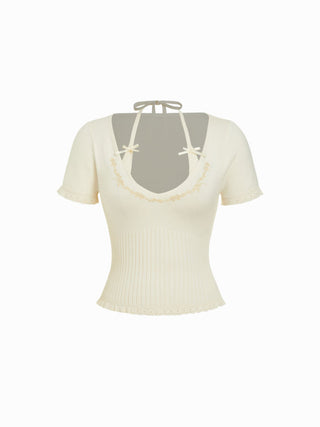 Knit Fabric Knit Floral U-neckline Short Sleeve Embroidery Bowknot Top For Daily Casual