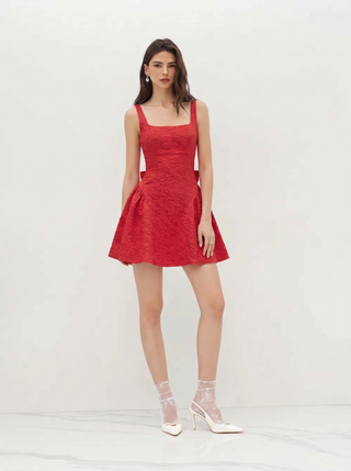 Jacquard U-neckline Floral Backless Bowknot Mini Dress