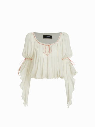 Chiffon Textured Chiffon Scoop Neck Ruffle Sleeve Ruched Bowknot Blouse For Daily Casual Date