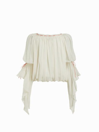 Chiffon Textured Chiffon Scoop Neck Ruffle Sleeve Ruched Bowknot Blouse For Daily Casual Date