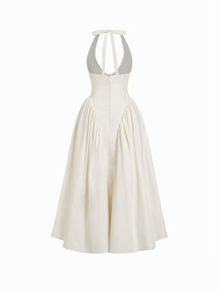 Sculptural Halter V-neck Draped Flared Maxi Dress