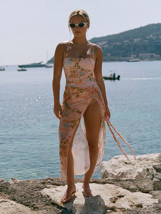 Knit Fabric Semi-sheer Low Rise Fruit Graphic Knotted Ruffle Hem Sarong For Vacation Swimming Pool Beach