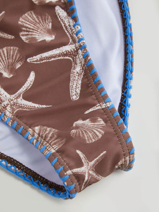 Halter Triangle Starfish Graphic Low Rise 3 Piece Bikini Set With Skirt