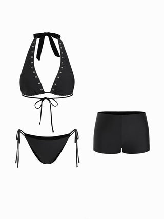 Knit Fabric Halter Neckline Rivet Knotted 3 Piece Bikini Set With Shorts For Vacation Swimming Pool Beach