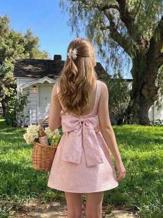 Jacquard Sculptural Square Neck Bowknot Flared Mini Dress
