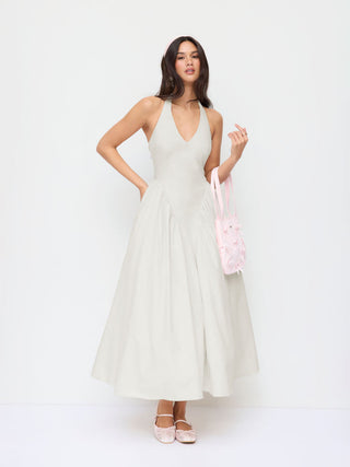 Sculptural Halter V-neck Draped Flared Maxi Dress