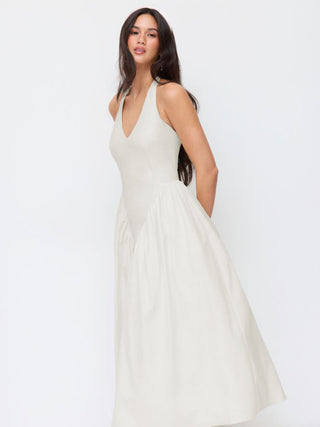 Sculptural Halter V-neck Draped Flared Maxi Dress