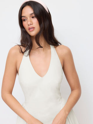 Sculptural Halter V-neck Draped Flared Maxi Dress
