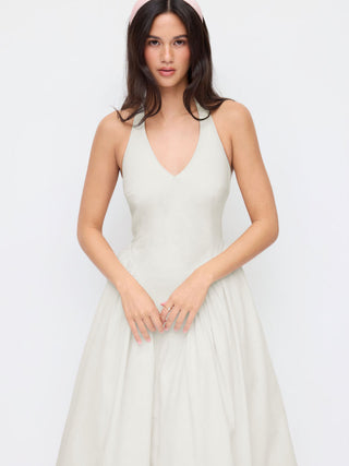 Sculptural Halter V-neck Draped Flared Maxi Dress