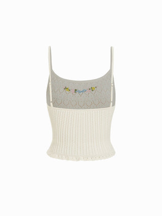 Knit Pointelle Floral Embroidery Square Neck Crop Cami Top