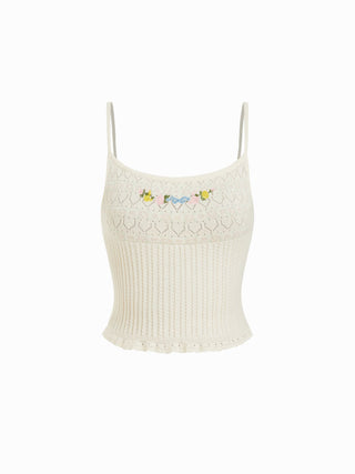 Knit Pointelle Floral Embroidery Square Neck Crop Cami Top
