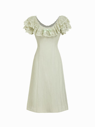 Linen-blend Linen-blend Scoop Neck Puff Sleeve Lace Bowknot A-line Midi Dress For Daily Casual Date