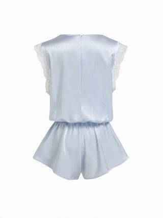 Satin Satin V-neck Lace Trim High Rise Micro Romper For Home Bedroom