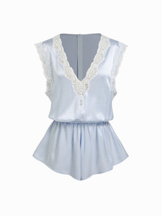 Satin Satin V-neck Lace Trim High Rise Micro Romper For Home Bedroom