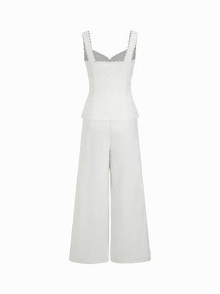 Linen-blend Linen-blend Lace Panel Mid Rise Wide Leg Jumpsuit For Daily Casual Vacation