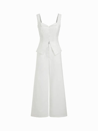 Linen-blend Linen-blend Lace Panel Mid Rise Wide Leg Jumpsuit For Daily Casual Vacation
