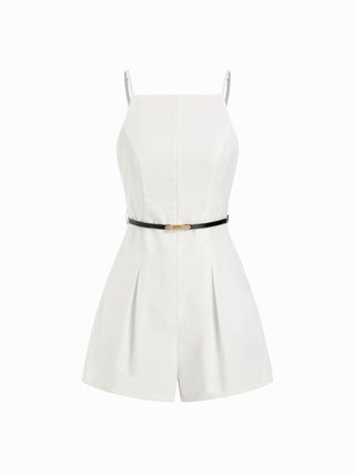 Linen-blend Square Neck Mid Rise Metal Detail Cami Romper With Belt