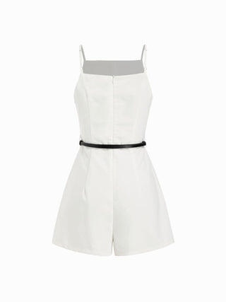 Linen-blend Square Neck Mid Rise Metal Detail Cami Romper With Belt