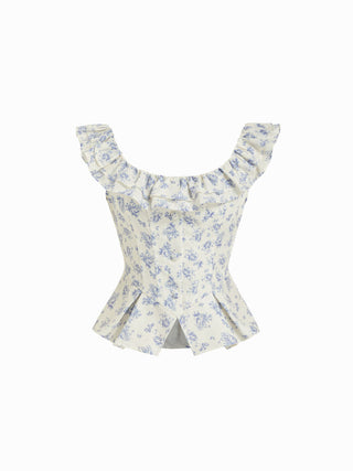 Woven Textured Cotton-blend Floral Scoop Neck Ruffled Tank Blouse For Daily Casual Date