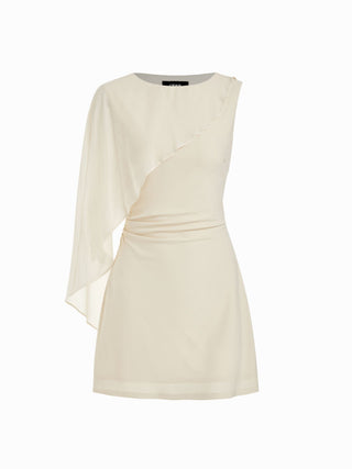 Textured Boat Neck Ruched Asymmetrical Draped A-line Mini Dress