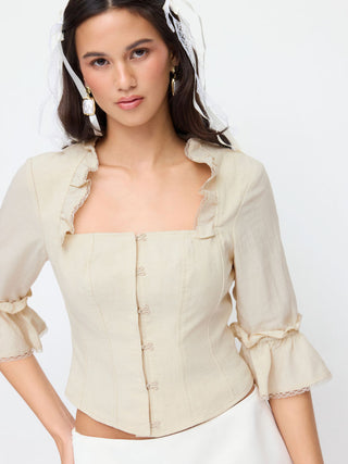 Linen Tops Summer Tops Summer Tops going out tops Cute Summer Top Floral Linen-blend Linen-blend Square Neck Ruched Ruffle Bell Sleeve Blouse For Daily Casual Date