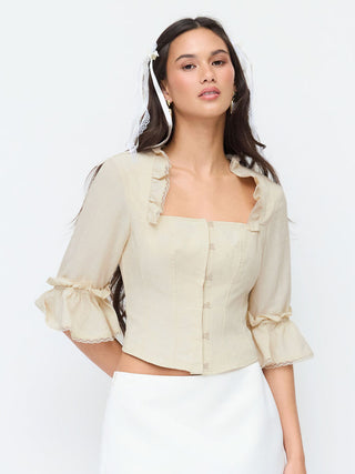 Linen Tops Summer Tops Summer Tops going out tops Cute Summer Top Floral Linen-blend Linen-blend Square Neck Ruched Ruffle Bell Sleeve Blouse For Daily Casual Date