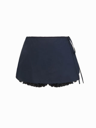 Woven Cotton-blend Mid Rise Lace Trim Bubble Mini Skort For School Daily Casual