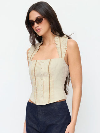 Cotton Cotton-blend Textured Halter Neck Ruffled Shirred Blouse For Daily Casual Date