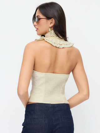 Cotton Cotton-blend Textured Halter Neck Ruffled Shirred Blouse For Daily Casual Date
