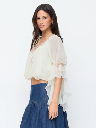 Chiffon Textured Chiffon Scoop Neck Ruffle Sleeve Ruched Bowknot Blouse For Daily Casual Date