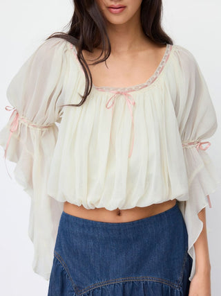Chiffon Textured Chiffon Scoop Neck Ruffle Sleeve Ruched Bowknot Blouse For Daily Casual Date