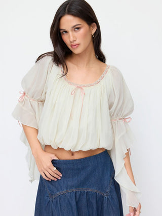 Chiffon Textured Chiffon Scoop Neck Ruffle Sleeve Ruched Bowknot Blouse For Daily Casual Date