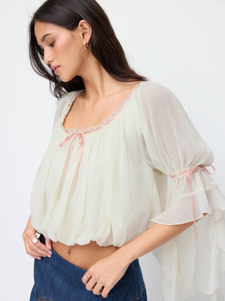 Chiffon Textured Chiffon Scoop Neck Ruffle Sleeve Ruched Bowknot Blouse For Daily Casual Date