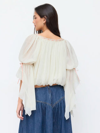 Chiffon Textured Chiffon Scoop Neck Ruffle Sleeve Ruched Bowknot Blouse For Daily Casual Date